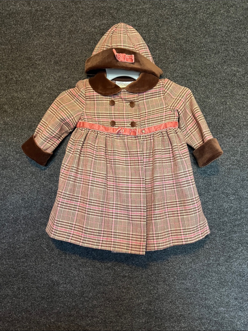 Little Bitty Plaid Lace-Trim Dress, Coat and Hat with Velvet Bow